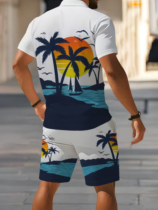 Men's New Two-Piece Set: Short-Sleeve Polo Shirt + Elastic-Waist Shorts with Pockets. Features breathable mesh fabric; ideal for outdoor sports, leisure, and golf.