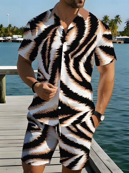 Men's 3D-Printed Short-Sleeve Casual Set — A Relaxed Choice. This two-piece summer outfit, featuring a casual shirt and shorts, is an essential staple for men's everyday outdoor wear.