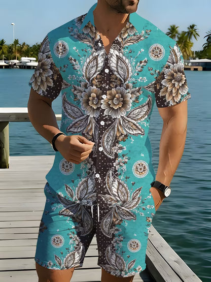 Men's 3D-Printed Short-Sleeve Casual Set — A Relaxed Choice. This two-piece summer outfit, featuring a casual shirt and shorts, is an essential staple for men's everyday outdoor wear.