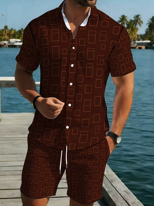 Men's Summer Shirt Set: Brown Geometric Print Design — A Versatile 2-Piece Casual Outfit Featuring a Short-Sleeve Shirt and Shorts