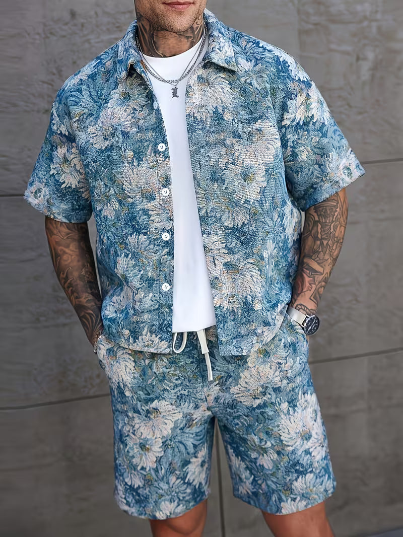 Men's Trendy Two-Piece Set: Floral Print Lapel Shirt with Full Button-Front and Contrast Buttons, Paired with White Drawstring Shorts. Ideal for Daily Casual Wear, Beach Vacations, and Street Style. New Summer Collection.