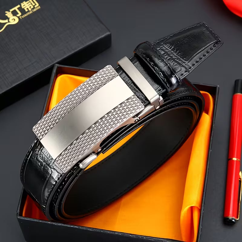 Retro & Elegant Gentleman's Style: Men's Minimalist Leather Belt—Versatile Silver-Gray Business Belt for Dress Trousers, Also Suitable for Young Men as a Casual Belt (Gift Box Included)