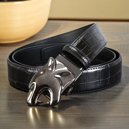 Streetwear-style personalized wolf head high-end belt for men, trendy and stylish daily leather waistband with premium brown/black color, ideal as a Valentine's Day gift for pants