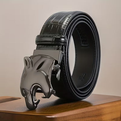 Streetwear-style personalized wolf head high-end belt for men, trendy and stylish daily leather waistband with premium brown/black color, ideal as a Valentine's Day gift for pants