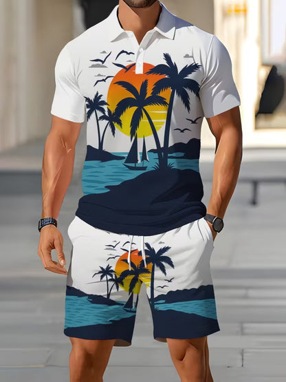 Men's New Two-Piece Set: Short-Sleeve Polo Shirt + Elastic-Waist Shorts with Pockets. Features breathable mesh fabric; ideal for outdoor sports, leisure, and golf.