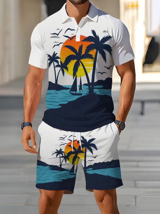 Men's New Two-Piece Set: Short-Sleeve Polo Shirt + Elastic-Waist Shorts with Pockets. Features breathable mesh fabric; ideal for outdoor sports, leisure, and golf.