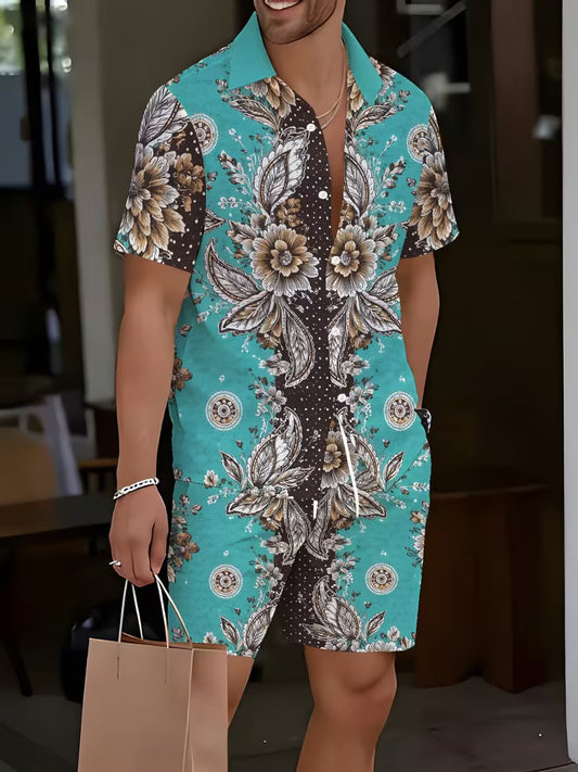 Men's 3D-Printed Short-Sleeve Casual Set — A Relaxed Choice. This two-piece summer outfit, featuring a casual shirt and shorts, is an essential staple for men's everyday outdoor wear.