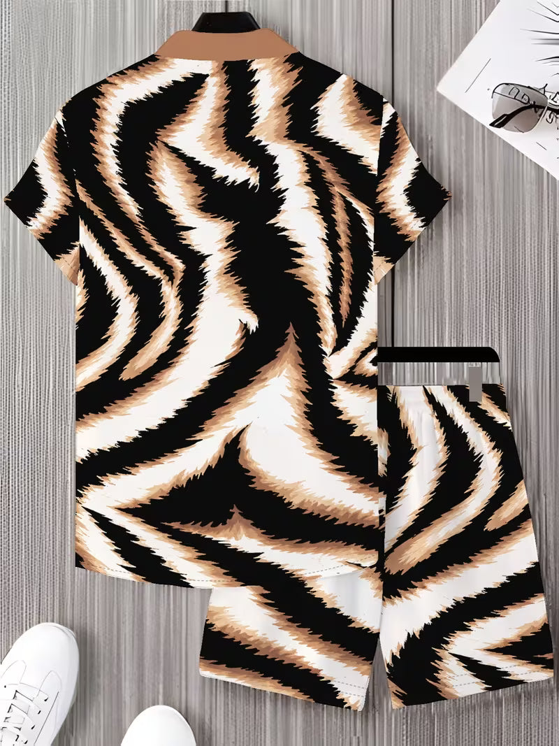Men's 3D-Printed Short-Sleeve Casual Set — A Relaxed Choice. This two-piece summer outfit, featuring a casual shirt and shorts, is an essential staple for men's everyday outdoor wear.
