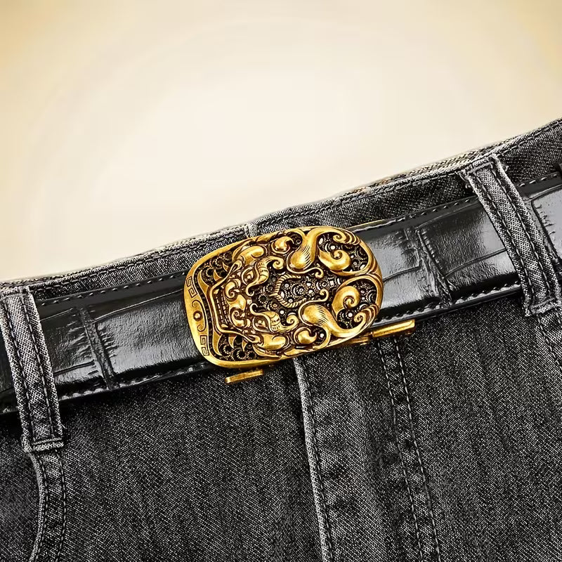 Retro-Style Men's Premium Belt — "Mythical Beast of Prosperity" Design, Automatic Buckle Leather Belt — Light Luxury Casual Waistband with a High-End Aesthetic — Presented in a Gift Box