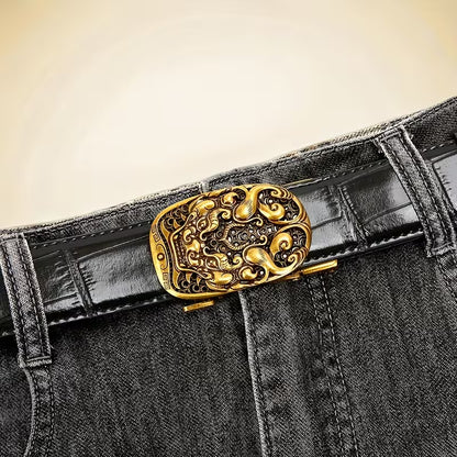 Retro-Style Men's Premium Belt — "Mythical Beast of Prosperity" Design, Automatic Buckle Leather Belt — Light Luxury Casual Waistband with a High-End Aesthetic — Presented in a Gift Box