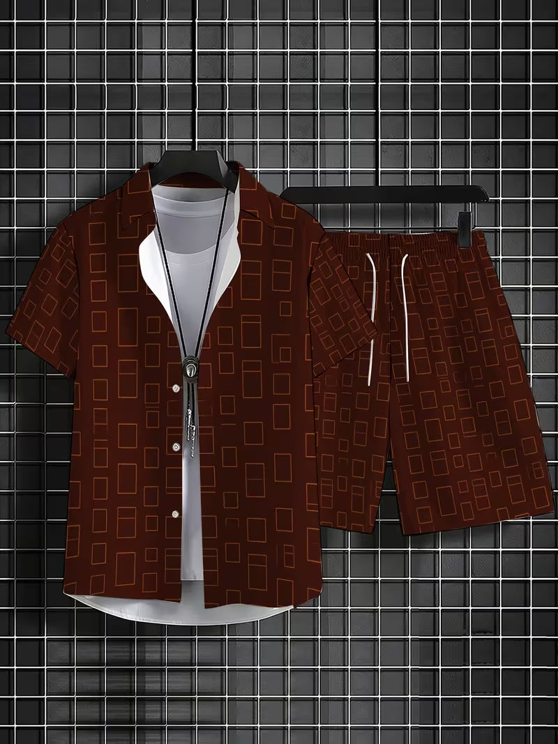 Men's Summer Shirt Set: Brown Geometric Print Design — A Versatile 2-Piece Casual Outfit Featuring a Short-Sleeve Shirt and Shorts