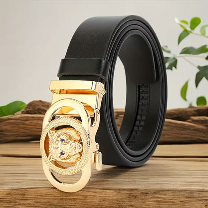 Distinctive Men's Premium Leather Belt — Tiger-Head Design, Fashionable Top-Grain Cowhide, Vintage Business-Casual Style — Light Luxury & Sophisticated — Waistband for Young and Middle-Aged Men