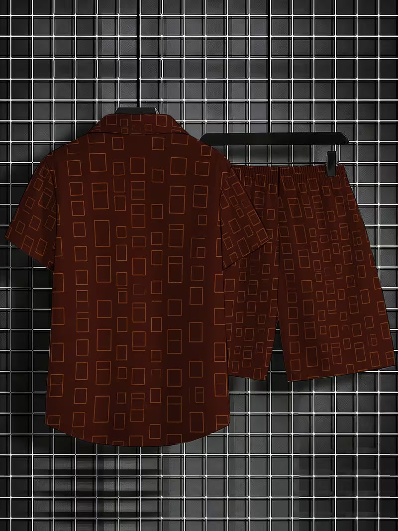 Men's Summer Shirt Set: Brown Geometric Print Design — A Versatile 2-Piece Casual Outfit Featuring a Short-Sleeve Shirt and Shorts