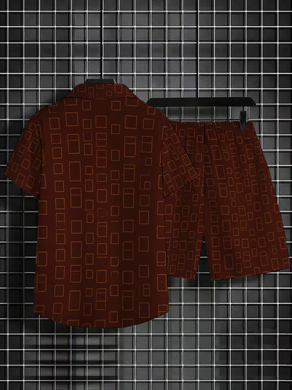 Men's Summer Shirt Set: Brown Geometric Print Design — A Versatile 2-Piece Casual Outfit Featuring a Short-Sleeve Shirt and Shorts