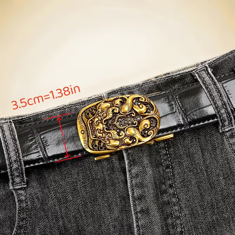 Retro-Style Men's Premium Belt — "Mythical Beast of Prosperity" Design, Automatic Buckle Leather Belt — Light Luxury Casual Waistband with a High-End Aesthetic — Presented in a Gift Box