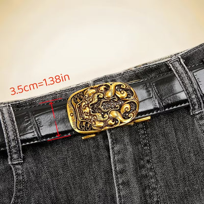 Retro-Style Men's Premium Belt — "Mythical Beast of Prosperity" Design, Automatic Buckle Leather Belt — Light Luxury Casual Waistband with a High-End Aesthetic — Presented in a Gift Box