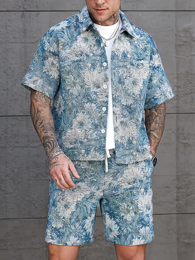 Men's Trendy Two-Piece Set: Floral Print Lapel Shirt with Full Button-Front and Contrast Buttons, Paired with White Drawstring Shorts. Ideal for Daily Casual Wear, Beach Vacations, and Street Style. New Summer Collection.