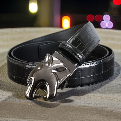Streetwear-style personalized wolf head high-end belt for men, trendy and stylish daily leather waistband with premium brown/black color, ideal as a Valentine's Day gift for pants