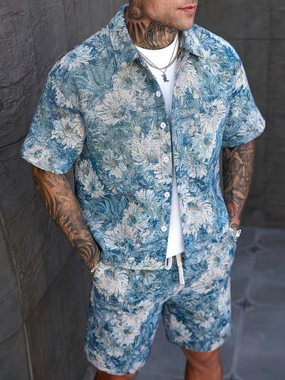 Men's Trendy Two-Piece Set: Floral Print Lapel Shirt with Full Button-Front and Contrast Buttons, Paired with White Drawstring Shorts. Ideal for Daily Casual Wear, Beach Vacations, and Street Style. New Summer Collection.