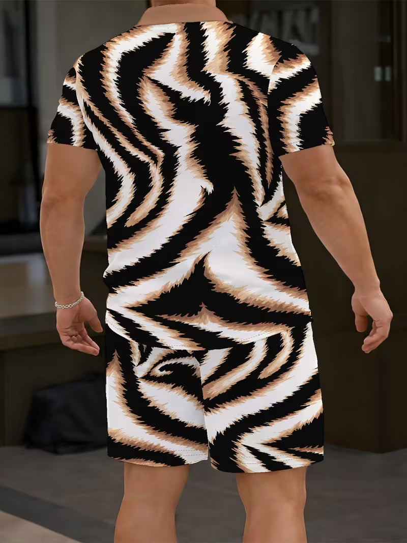 Men's 3D-Printed Short-Sleeve Casual Set — A Relaxed Choice. This two-piece summer outfit, featuring a casual shirt and shorts, is an essential staple for men's everyday outdoor wear.