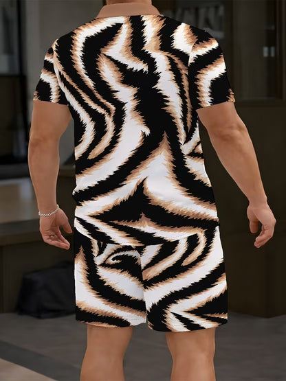 Men's 3D-Printed Short-Sleeve Casual Set — A Relaxed Choice. This two-piece summer outfit, featuring a casual shirt and shorts, is an essential staple for men's everyday outdoor wear.