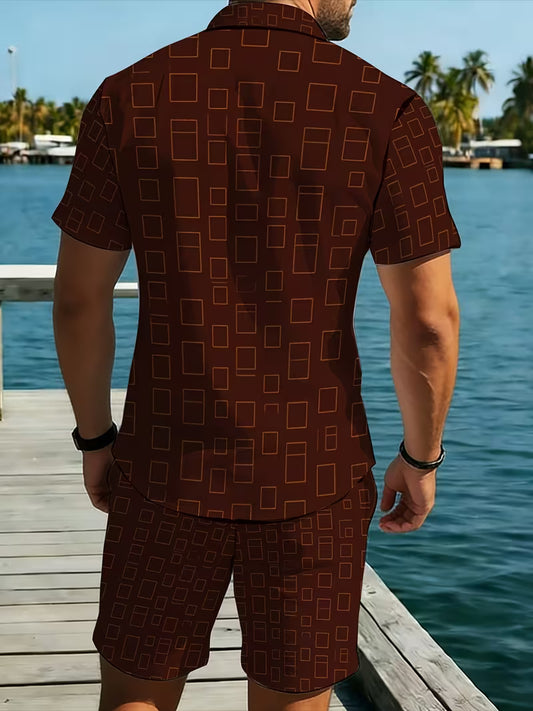 Men's Summer Shirt Set: Brown Geometric Print Design — A Versatile 2-Piece Casual Outfit Featuring a Short-Sleeve Shirt and Shorts