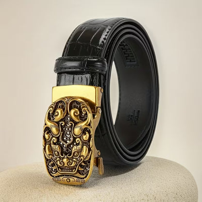 Retro-Style Men's Premium Belt — "Mythical Beast of Prosperity" Design, Automatic Buckle Leather Belt — Light Luxury Casual Waistband with a High-End Aesthetic — Presented in a Gift Box