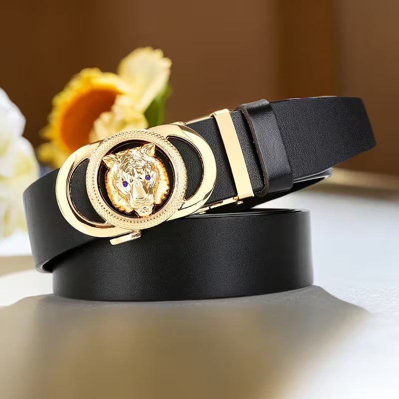 Distinctive Men's Premium Leather Belt — Tiger-Head Design, Fashionable Top-Grain Cowhide, Vintage Business-Casual Style — Light Luxury & Sophisticated — Waistband for Young and Middle-Aged Men