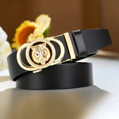 Distinctive Men's Premium Leather Belt — Tiger-Head Design, Fashionable Top-Grain Cowhide, Vintage Business-Casual Style — Light Luxury & Sophisticated — Waistband for Young and Middle-Aged Men