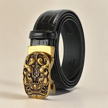 Retro-Style Men's Premium Belt — "Mythical Beast of Prosperity" Design, Automatic Buckle Leather Belt — Light Luxury Casual Waistband with a High-End Aesthetic — Presented in a Gift Box