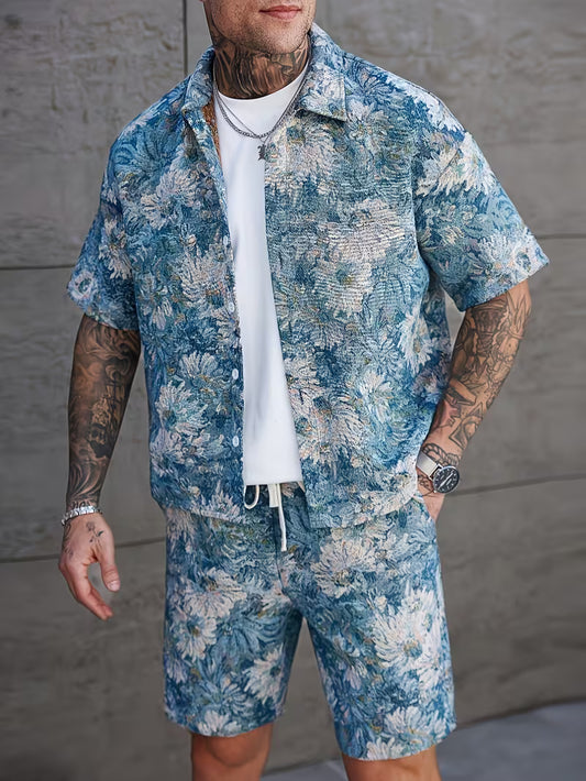 Men's Trendy Two-Piece Set: Floral Print Lapel Shirt with Full Button-Front and Contrast Buttons, Paired with White Drawstring Shorts. Ideal for Daily Casual Wear, Beach Vacations, and Street Style. New Summer Collection.