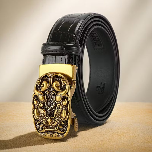 Retro-Style Men's Premium Belt — "Mythical Beast of Prosperity" Design, Automatic Buckle Leather Belt — Light Luxury Casual Waistband with a High-End Aesthetic — Presented in a Gift Box